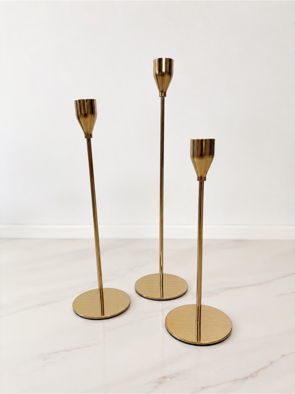 Set of 3 Modern Brass Gold Metal Taper Candle Holders